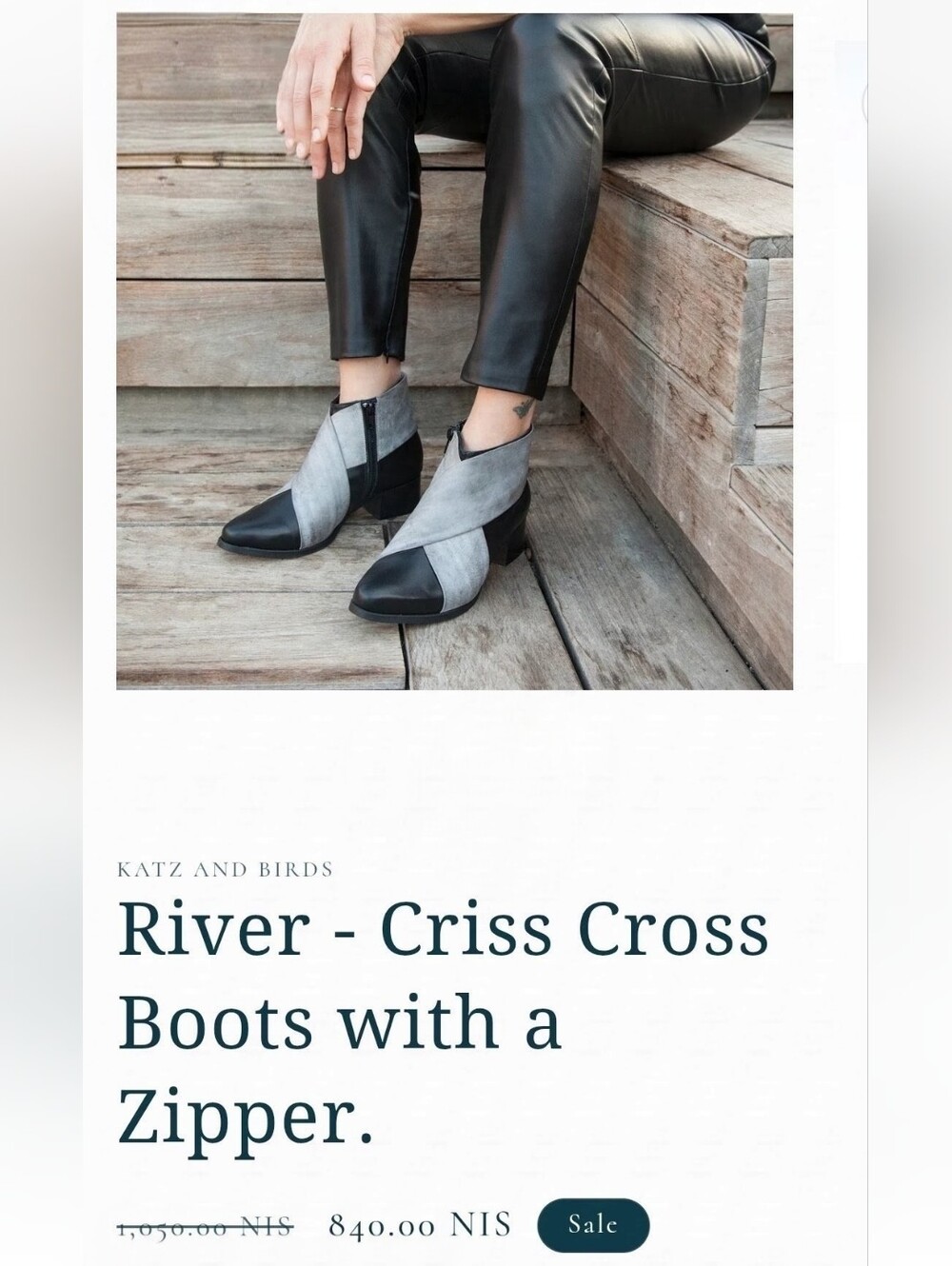 Katz And Birds River Leather Criss Cross Grey Black Zipper Boots